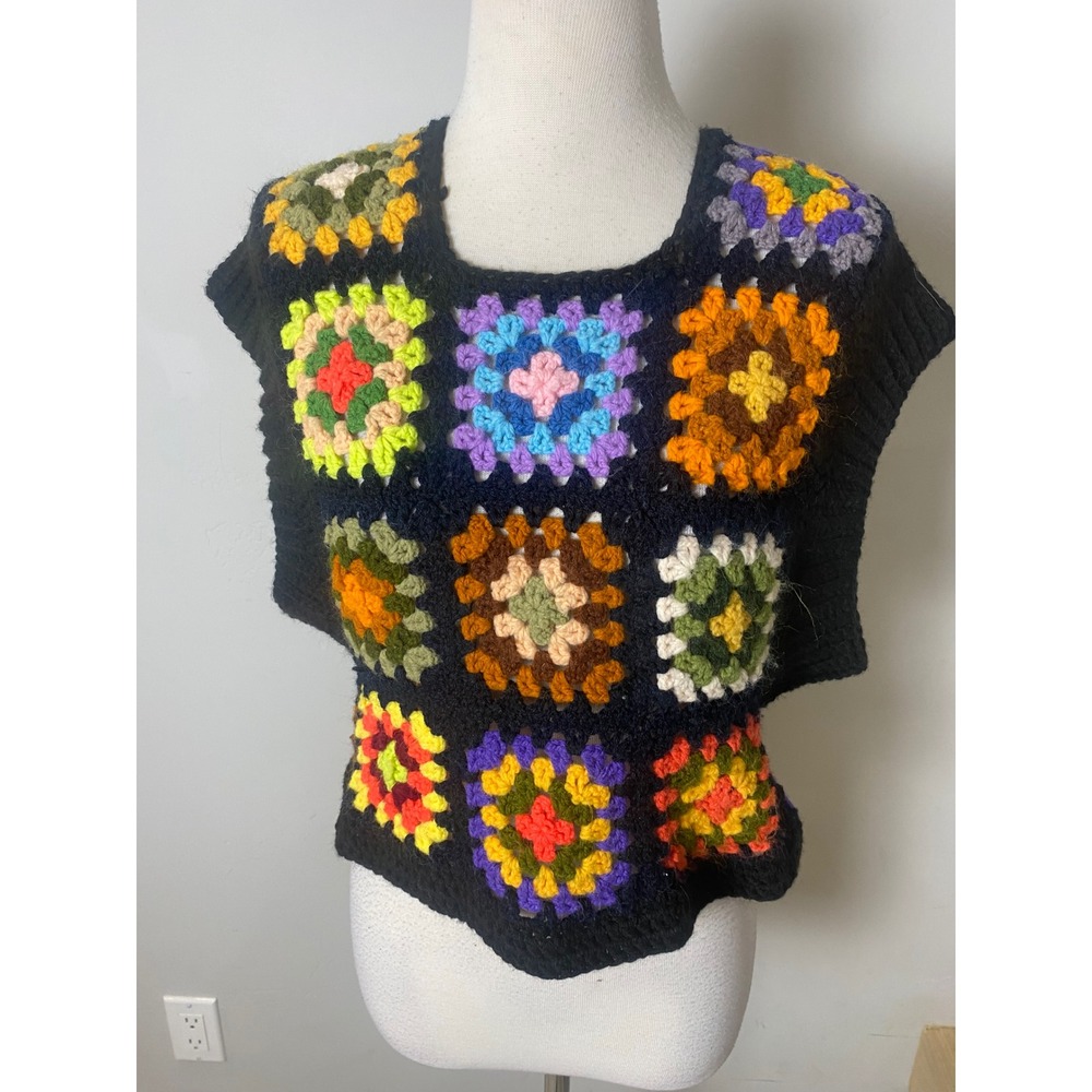 Handmade Crochet Granny Square Sweater Vest Multi-Color Boho Sleeveless Crop Top
